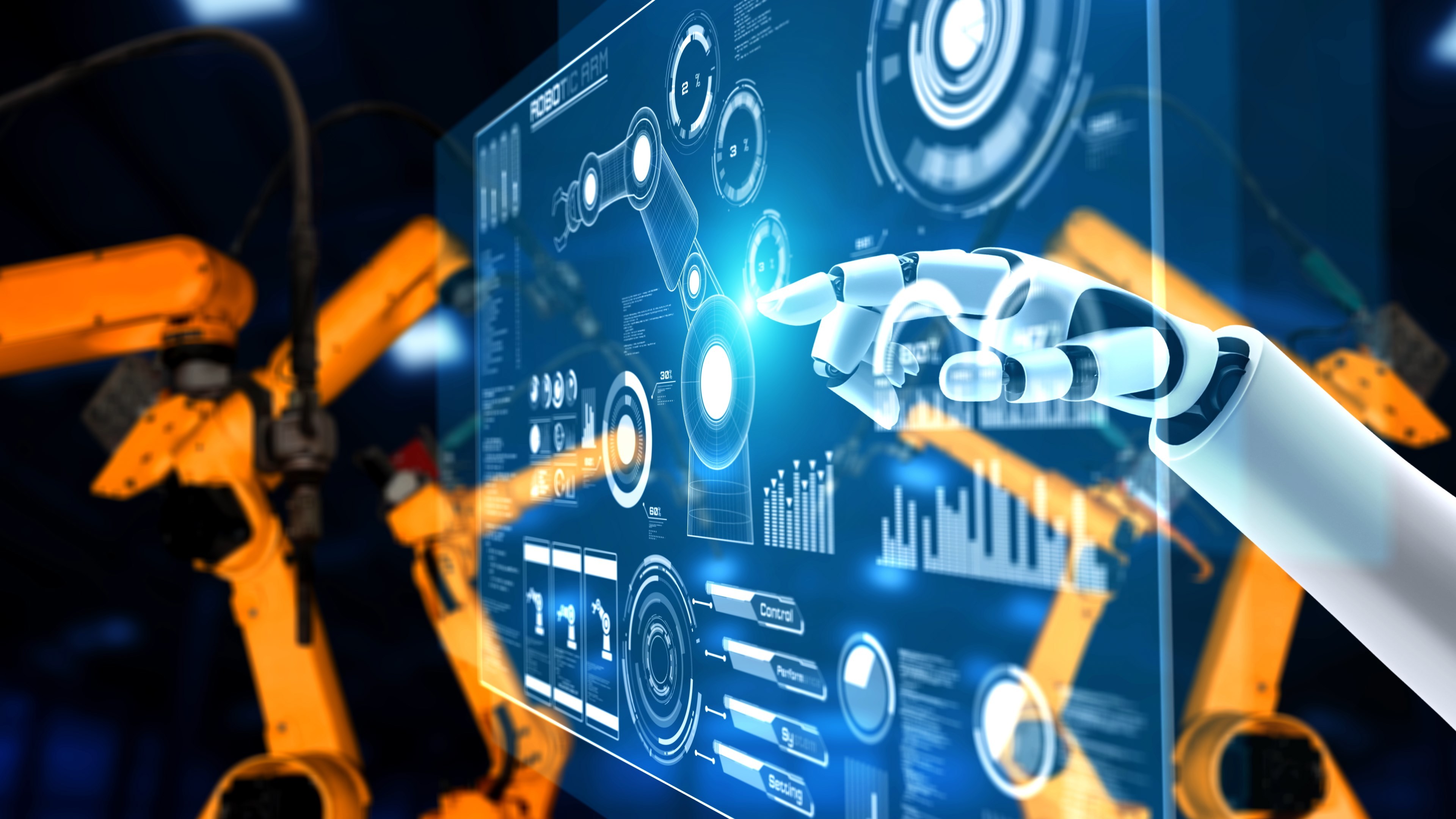 Cybernated industry robot and robotic arms for assembly in factory production . Concept of artificial intelligence for industrial revolution and automation manufacturing process .